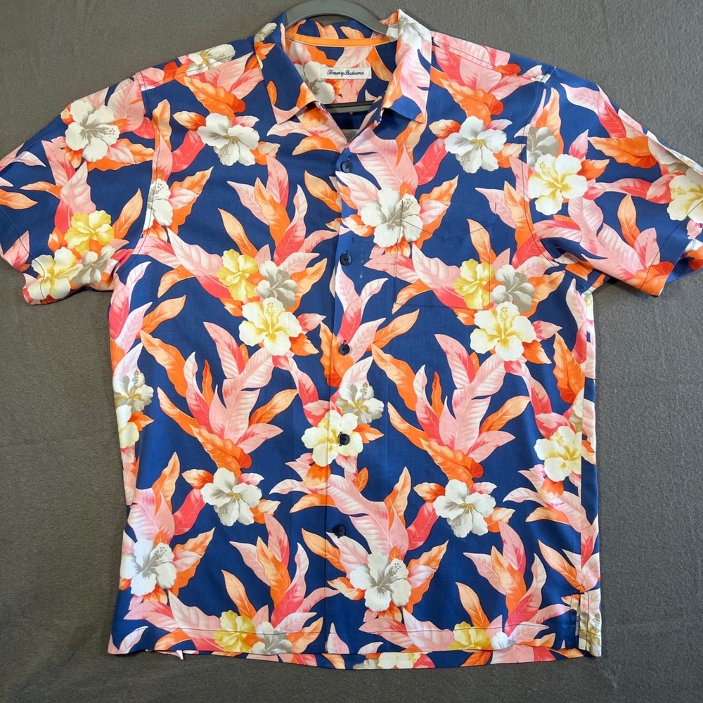 Tommy Bahama Silk Button Up Shirt Mens L Blue Orange Tropical Floral TB93